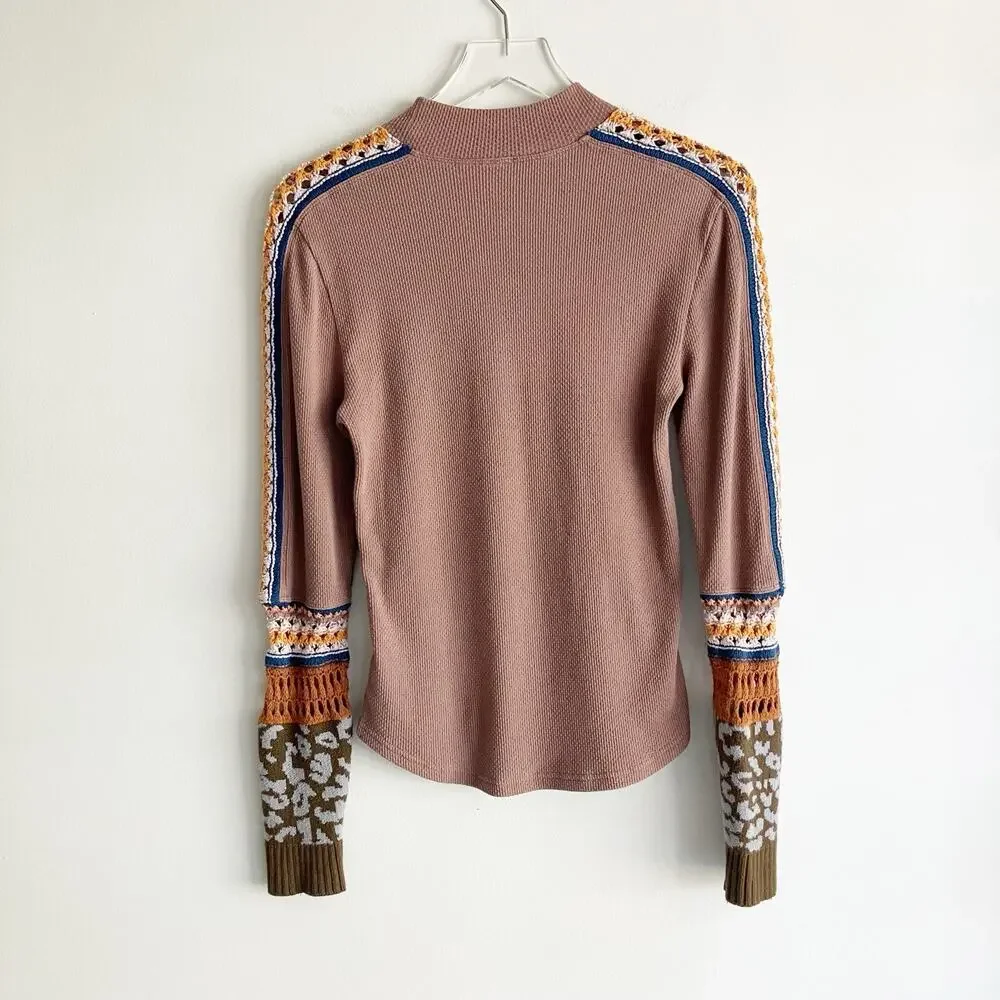 Free People Medium Crochet Sleeves Thermal Brown Boho Bohemian Fall Autumn - Picture 4 of 6